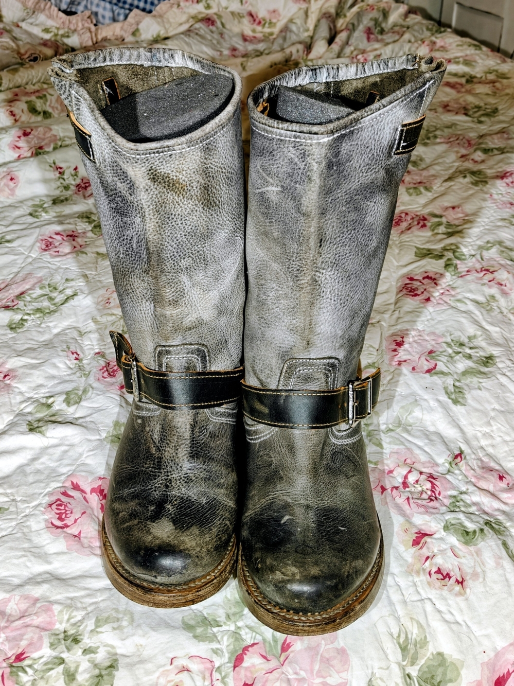 freebird Crosby Distressed Gray Leather Engineer Boots with Buckle Strap 9